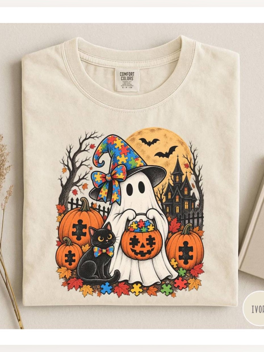 Comfort Colors Ivory Funny Halloween Ghost Puzzle Hat Tee, Trick or Treat Shirt